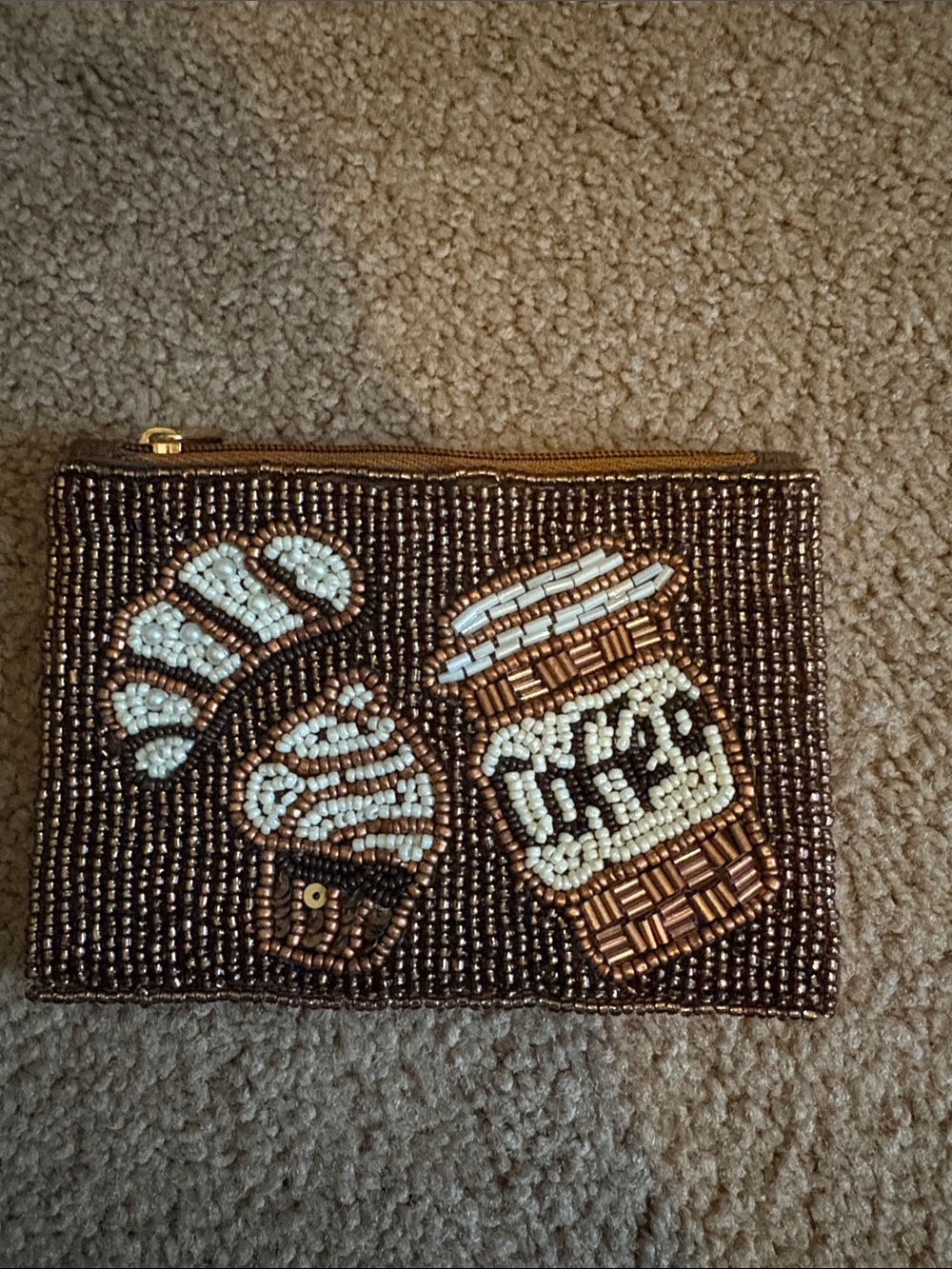 Hand Beaded Croissant & Coffee Zip Coin Pouch - Brown and Cream